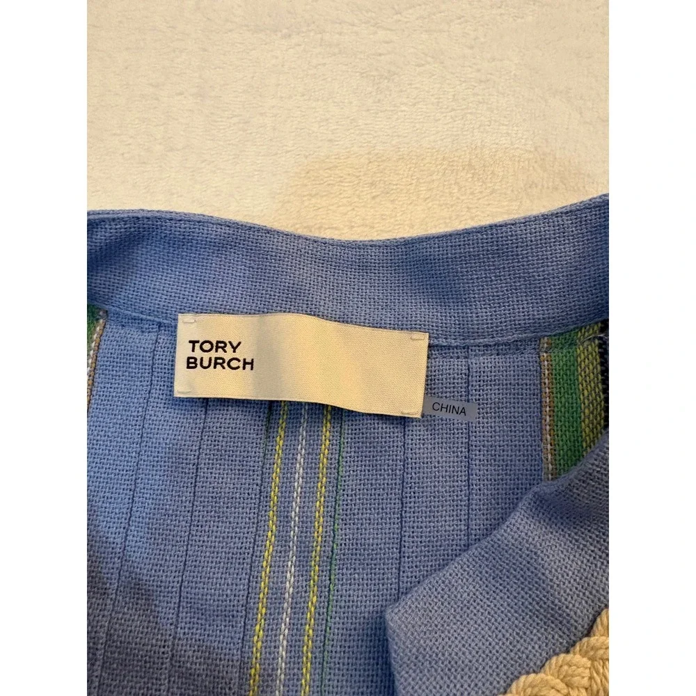 Tory Burch Blue Striped Cotton Tunic Dress XL Pintuck Tassel Short Sleeve Boho - Picture 3 of 8
